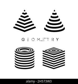 Optical illusion vector pyramid. Cylinder stripes background. Cube Logo optical abstract black and white lines design. Circle geometric round shape Stock Vector