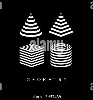 Optical illusion vector pyramid. Cylinder stripes background. Cube Logo optical abstract black and white lines design. Circle geometric round shape Stock Vector