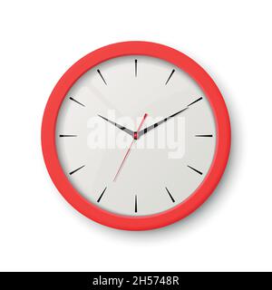Vector 3d Realistic Red Wall Office Clock Isolated on White. White Dial. Design Template of Wall Clock Closeup. Mock-up for Branding, Advertise. Top Stock Vector