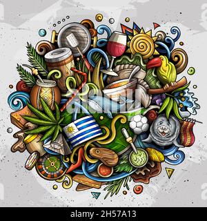 Uruguay hand drawn cartoon doodles illustration. Funny travel design. Creative vector background. Latin America country elements and objects. Stock Vector
