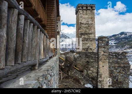 The Svan tower houses of Mestia in wintertime, Svaneti Region, Georgia, Caucasus Mountains Stock Photo