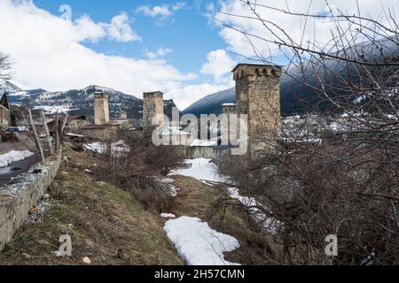 The Svan tower houses of Mestia in wintertime, Svaneti Region, Georgia, Caucasus Mountains Stock Photo