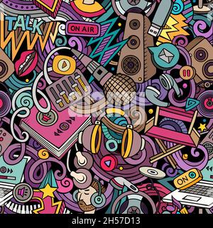Cartoon doodles Audio content seamless pattern. Backdrop with podcasts and audiobooks symbols and items. Colorful background for print on fabric, text Stock Vector