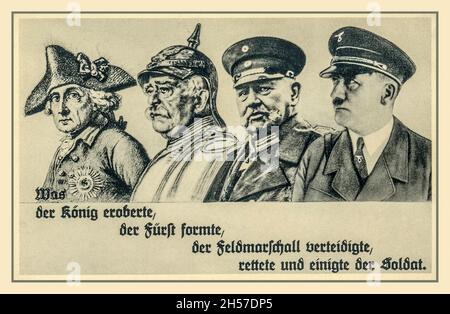 1933 approx., ADOLF HITLER NAZI PROPAGANDA CARD POSTER  Nazi election propaganda poster 'What the king conquered, the prince formed, the field marshal defended, saved and united the soldier.', Photo card with image of Friedrich The Great, Prince Bismarck, Field Marshal Hindenburg and Chancellor Adolf Hitler, Stock Photo