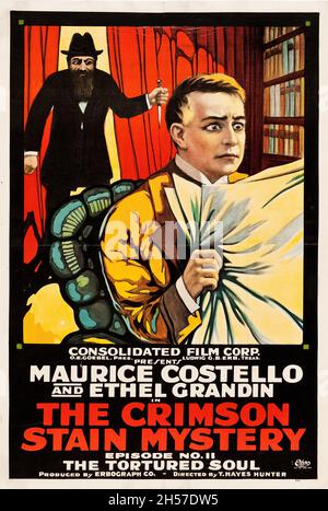 The Crimson Stain Mystery (Consolidated, 1916). Episode 11 -- 'The Tortured Soul.' - Old and vintage movie poster. Stock Photo