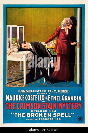 The Crimson Stain Mystery (Consolidated, 1916) - Old and vintage movie poster feat Maurice Costello & Ethel Grandin. Ep 3. The Broken Spell. Stock Photo