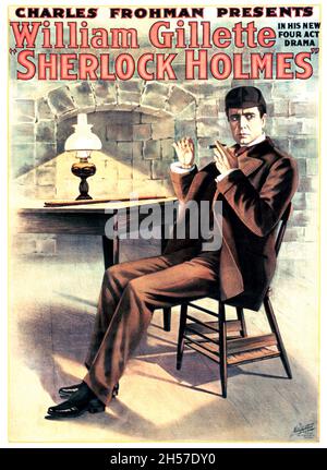 Vintage movie poster for the 1916 film Sherlock Holmes - Old and vintage movie poster feat William Gillette. Presented by Charles Frohman. Stock Photo