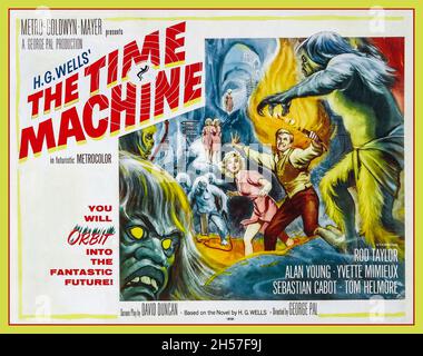 Vintage movie film poster 1960 'The Time Machine' starring Rod Taylor, Alan Young, Yvette Mimieux, Sebastian Cabot, Tom Helmore. MGM George Pal Production Based on an H G Wells Novel Stock Photo