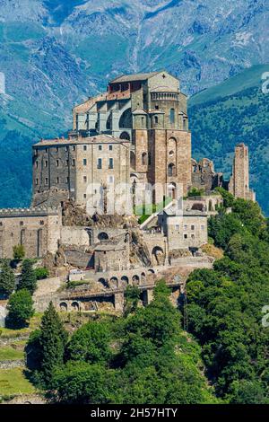 Scenic sight of the Sacra di San Michele (Saint Michael's Abbey). Province of Turin, Piedmont, Italy. Stock Photo