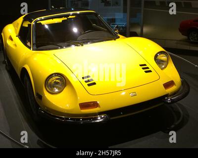 Ferrari 246 GTS, front view, yellow, with central V6 engine, produced by Ferrari and sold under the Dino brand between 1967 and 1974. Stock Photo