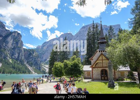 Lake Braies (also known as Pragser Wildsee or Lago di Braies) in Dolomites Mountains, Sudtirol, Italy. Romantic place with typical wooden boats on the Stock Photo