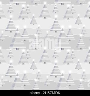 Seamless repeating pattern. Elegant christmas giftwrap paper in white and gray with chistmas trees. Stock Vector