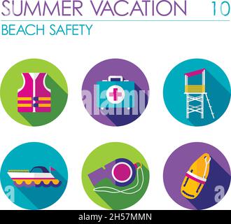 Lifeguard beach safety vector flat icon set. Summer time. Vacation ...
