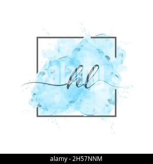 calligraphic lowercase letters H and L are written in a solid line on a colored background in a frame. Simple Style Stock Vector