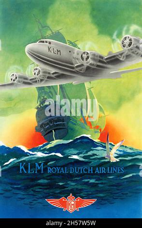 KLM Royal Dutch Airlines. The Flying Dutchman by Arjen Galema (1886-1974).  Restored vintage poster published in 1934 in the Netherlands. Stock Photo