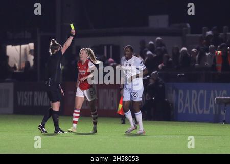 London, UK. 07th Nov, 2021. London, England, November 7th 20 Hawa Cissoko (23 West Ham) receives a yellow card at the Barclays FA Womens Super League game between Arsenal and Westham at Meadow Park in London, England. Liam Asman/SPP Credit: SPP Sport Press Photo. /Alamy Live News Stock Photo