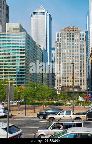 Pennsylvania Railroad Suburban Station holds on to its Art Deco façade but lost long-distance rail service decades ago. (N 16th Street façade) Stock Photo