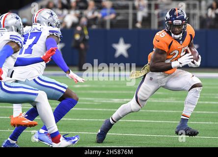 Arlington, United States. 07th Nov, 2021. Denver Broncos Melvin Gordon III runs against the Dallas Cowboys during their NFL game at AT&T Stadium in Arlington, Texas on Sunday, November 7, 2021. Photo by Ian Halperin/UPI Credit: UPI/Alamy Live News Stock Photo