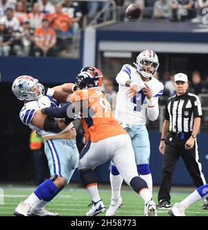 Arlington, United States. 07th Nov, 2021. Dallas Cowboys Dak Prescott throws against the Denver Broncos during their NFL game at AT&T Stadium in Arlington, Texas on Sunday, November 7, 2021. Photo by Ian Halperin/UPI Credit: UPI/Alamy Live News Stock Photo