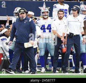 Arlington, United States. 07th Nov, 2021. Dallas Cowboys head coach Mike McCarthy watches as his team goes for a fourth down conversion against the Denver Broncos during their NFL game at AT&T Stadium in Arlington, Texas on Sunday, November 7, 2021. Photo by Ian Halperin/UPI Credit: UPI/Alamy Live News Stock Photo