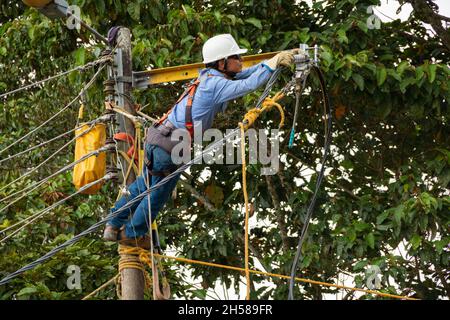 Male electrician working at the height of a pole connecting high voltage power cables. Man using electrical work tool. Stock Photo