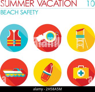 Lifeguard beach safety vector icon set. Summer time. Vacation Stock ...
