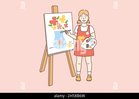 Drawing painting and hobby concept. Smiling girl cartoon character standing over canvas and painting flowers in vase with brush vector illustration  Stock Vector