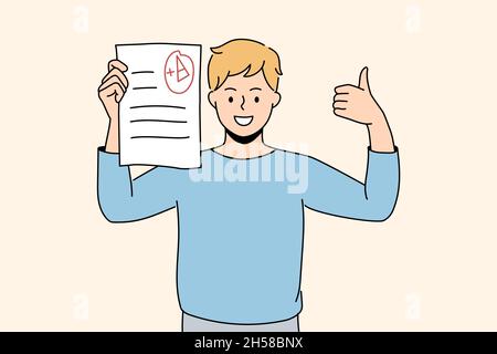 Success in education and learning concept. Smiling boy schoolboy pupil standing holding educational exam with excellent result in hands feeling cheerful vector illustration  Stock Vector