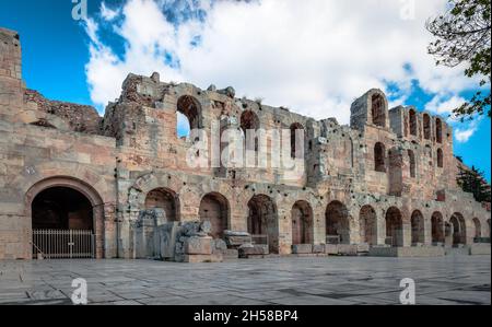 The facade of the Odeon of Herodes Atticus, in Athens, Greece. Built in 161 AD, it is located on the southwest slope of the Acropolis Hill. Stock Photo