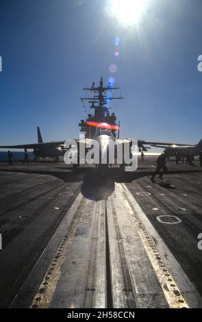 F-14 ready for takeoff on number 1 catapult, USS Ranger. Stock Photo