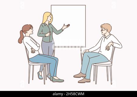 Business meeting and negotiations concept. Group of business partners colleagues having meeting brainstorm discussion or coach presenting lesson vector illustration  Stock Vector