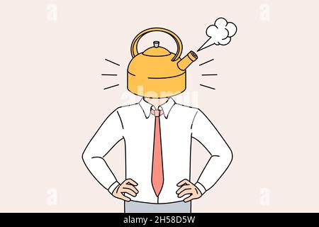 Stress and overwork exhaustion concept. Businessman body with boiling kettle instead of head meaning stress and rage vector illustration  Stock Vector