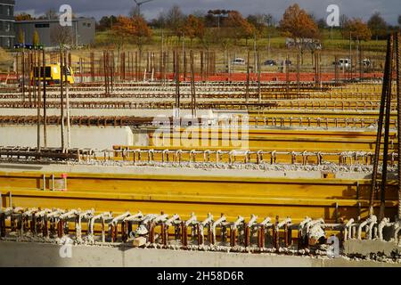 Construction rebar steel work reinforcement. Reinforcement steel bars stack. Construction of a new high-rise building in Hannover, Germany. Stock Photo