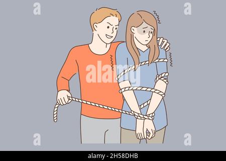 Victim of harassment abuse concept. Young sad unhappy woman standing stuck in net with angry man abusing her nearby vector illustration  Stock Vector