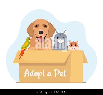 Adopt a pet. Cute homeless puppy, kitten, hamster, parrot inside a cardboard box are waiting for the adoption. Vector illustration for animal shelter Stock Vector