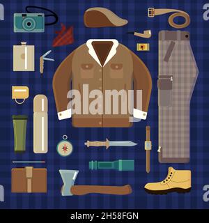 Mens outfit top view. Colored icons in flat style on a checkered background. Bundle hiking. Fashionable autumn clothing and accessories. Modern clothi Stock Vector