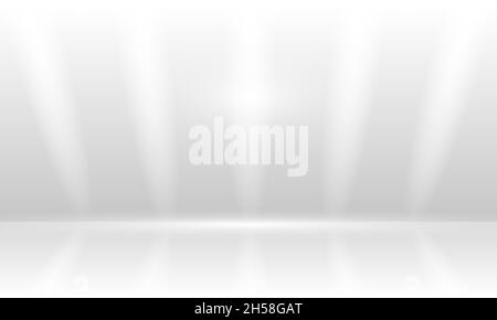 Empty 3d white studio room background to display your products. Clean white light room with empty floor and highlights. Template of room interior Stock Vector