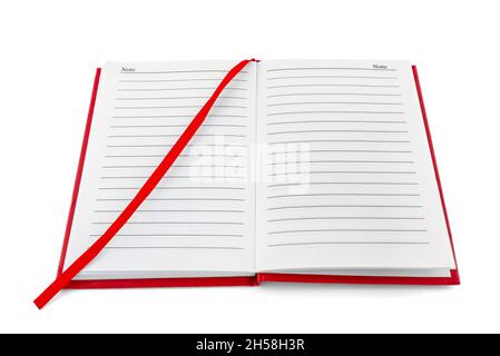 Open red notebook with black lines with ribbon, isolated on a white background. Stock Photo