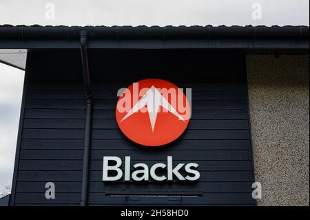 Aviemore, Scotland- Oct 18, 2021: The sign for Blacks outdoor clothing store in Aviemore Stock Photo