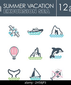 Excursion sea outline vector icon set. Summer time. Vacation, eps 10 Stock Vector