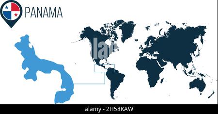 Panama map located on a world map with flag and map pointer or pin. Infographic map. Vector illustration isolated on white background. Stock Vector