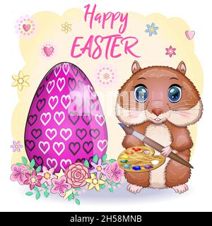 Cute hamster with easter egg, hamster cartoon characters, funny animal character, Easter concept, postcard Stock Vector