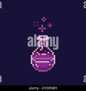 Pixel art potion sparkling purple poison bottle, game design retro 8 bit sprite asset isolated Stock Vector