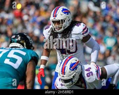 Jacksonville, FL, USA. 7th Nov, 2021. Buffalo Bills linebacker Tremaine Edmunds (49) during 1st half NFL football game between the Buffalo Bills and the Jacksonville Jaguars at TIAA Bank Field in Jacksonville, Fl. Romeo T Guzman/CSM/Alamy Live News Stock Photo