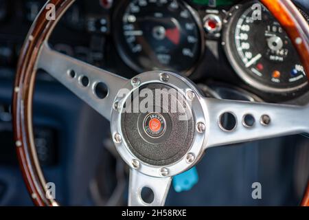 Jaguar E Type wood rimmed steering wheel Stock Photo