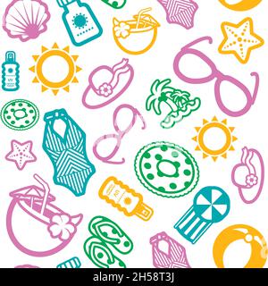 Summer vector seamless pattern with beach accessories. Beach. Summertime. Holiday. Vacation Stock Vector