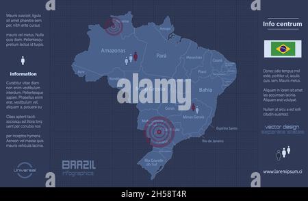 Brazil map, separate regions with names, infographics blue flat design vector Stock Vector