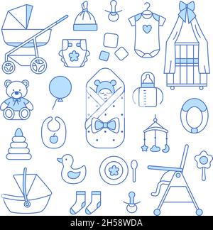 Newborn baby accessories thin line icons set. Stock Vector