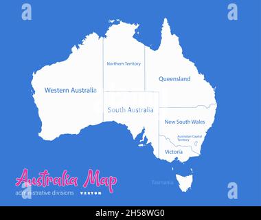 Australia map, administrative divisions whit names regions, blue background vector Stock Vector