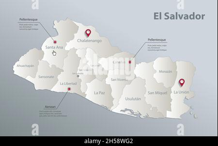 El Salvador map, administrative division with names, blue white card paper 3D vector Stock Vector